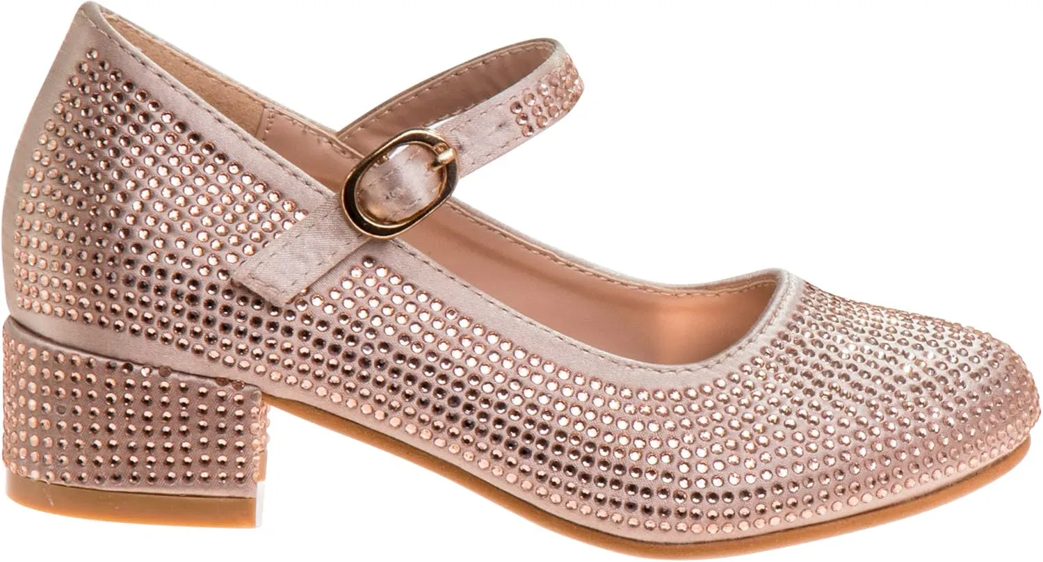 Badgley Mischka Girls Dress Shoes - Kids High Heel Flats Pumps Slip-On Block Glitter Rhinestone Sparkly Closed Toe with Strap - Black/Silver/Rosegold (Little Kid/Big Kid)