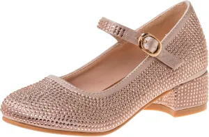 Badgley Mischka Girls Dress Shoes - Kids High Heel Flats Pumps Slip-On Block Glitter Rhinestone Sparkly Closed Toe with Strap - Black/Silver/Rosegold (Little Kid/Big Kid)