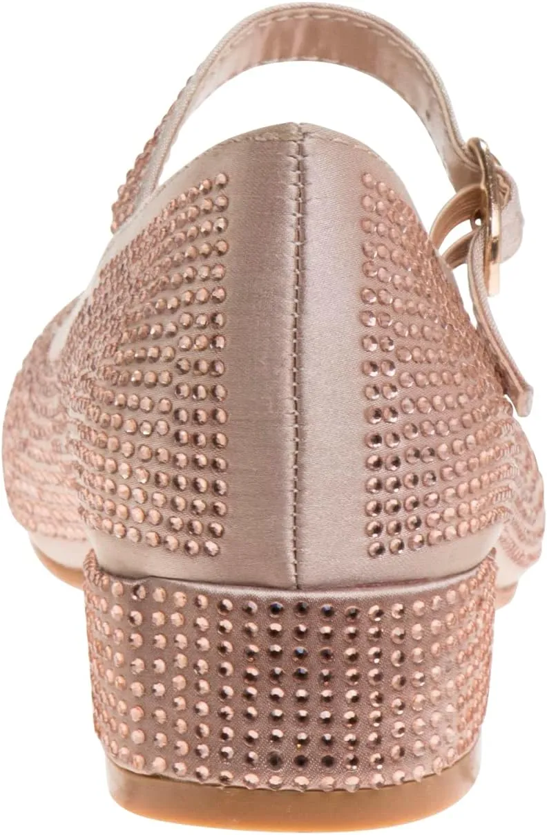 Badgley Mischka Girls Dress Shoes - Kids High Heel Flats Pumps Slip-On Block Glitter Rhinestone Sparkly Closed Toe with Strap - Black/Silver/Rosegold (Little Kid/Big Kid)