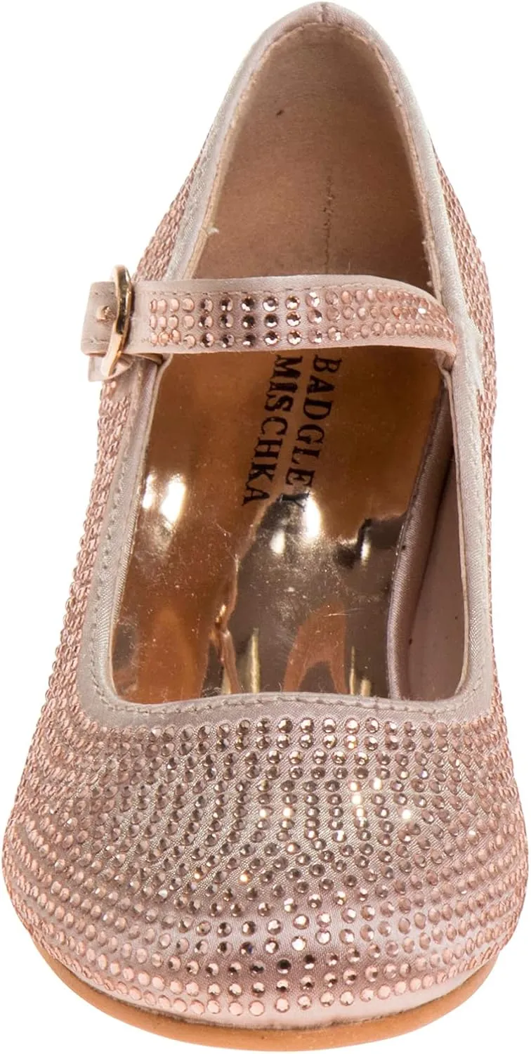 Badgley Mischka Girls Dress Shoes - Kids High Heel Flats Pumps Slip-On Block Glitter Rhinestone Sparkly Closed Toe with Strap - Black/Silver/Rosegold (Little Kid/Big Kid)