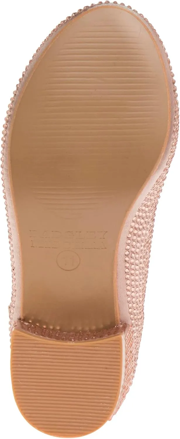 Badgley Mischka Girls Dress Shoes - Kids High Heel Flats Pumps Slip-On Block Glitter Rhinestone Sparkly Closed Toe with Strap - Black/Silver/Rosegold (Little Kid/Big Kid)