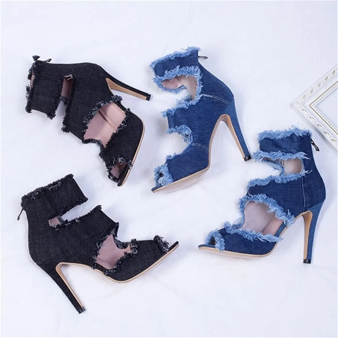 Betastella Women's Peep Toe Stiletto Denim Sandals Summer Booties Lace Up Thin Heels Back Zip Tassel Pumps