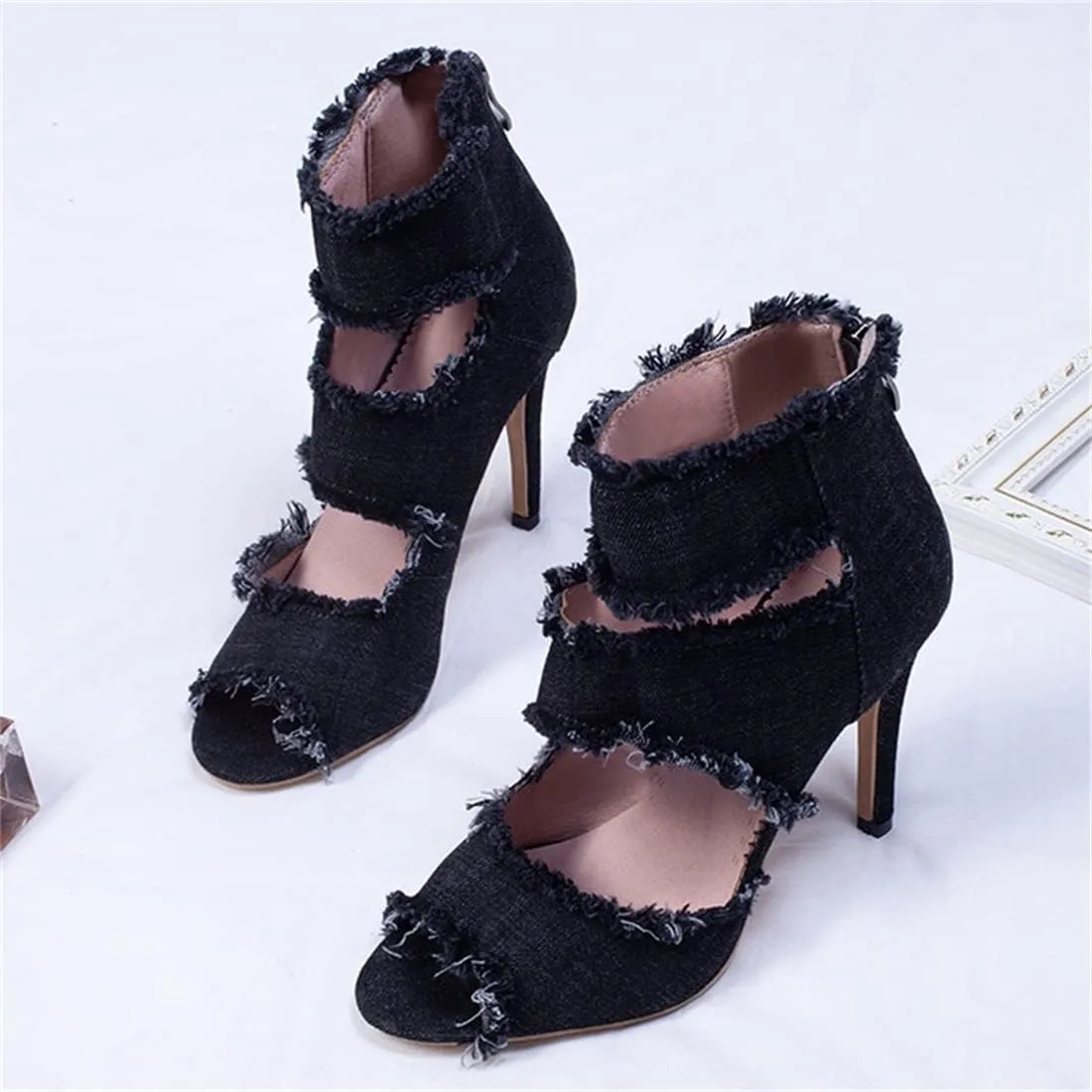 Betastella Women's Peep Toe Stiletto Denim Sandals Summer Booties Lace Up Thin Heels Back Zip Tassel Pumps