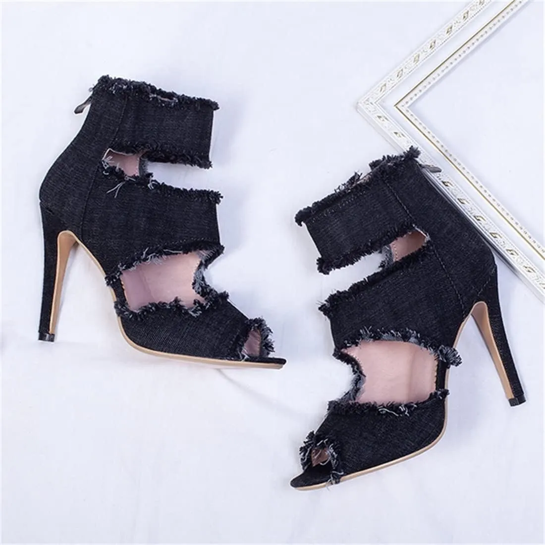Betastella Women's Peep Toe Stiletto Denim Sandals Summer Booties Lace Up Thin Heels Back Zip Tassel Pumps