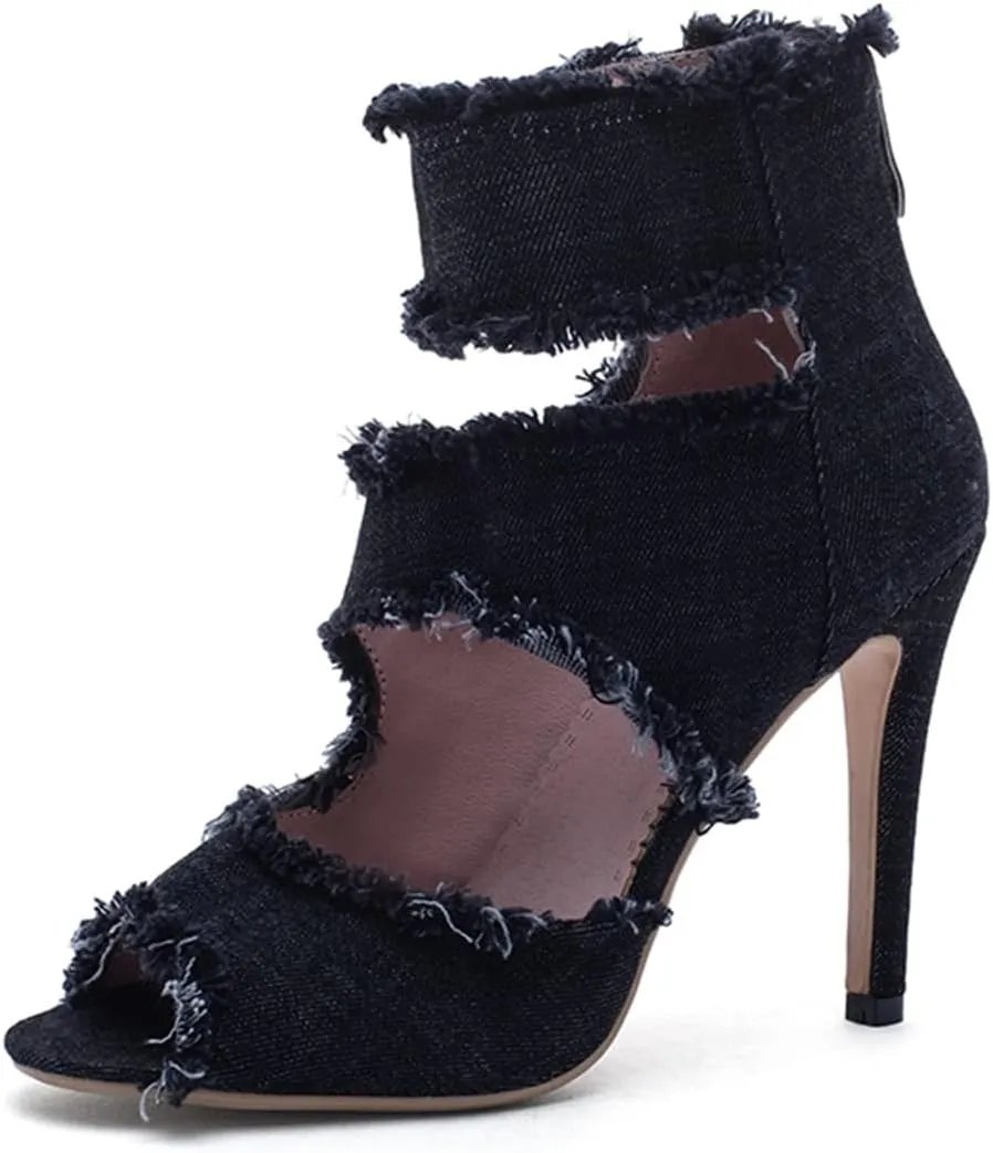 Betastella Women's Peep Toe Stiletto Denim Sandals Summer Booties Lace Up Thin Heels Back Zip Tassel Pumps
