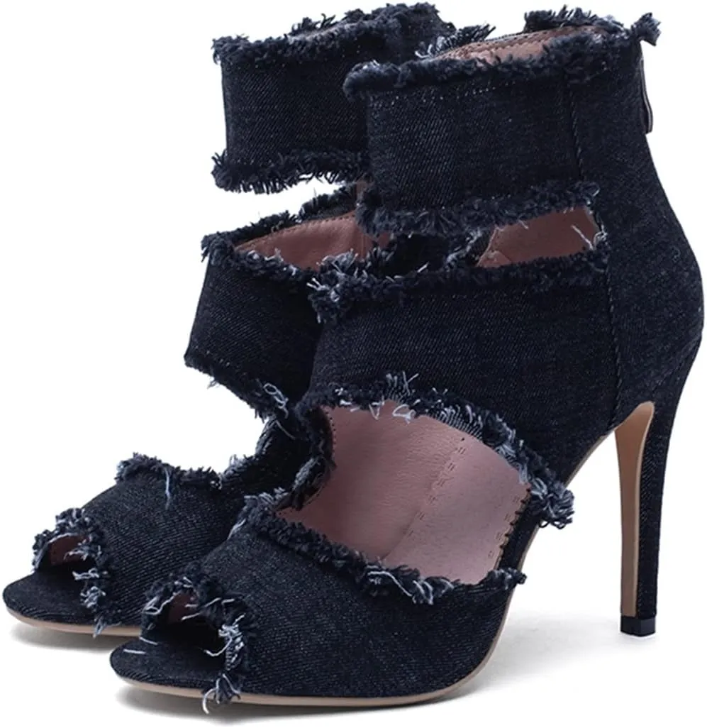 Betastella Women's Peep Toe Stiletto Denim Sandals Summer Booties Lace Up Thin Heels Back Zip Tassel Pumps