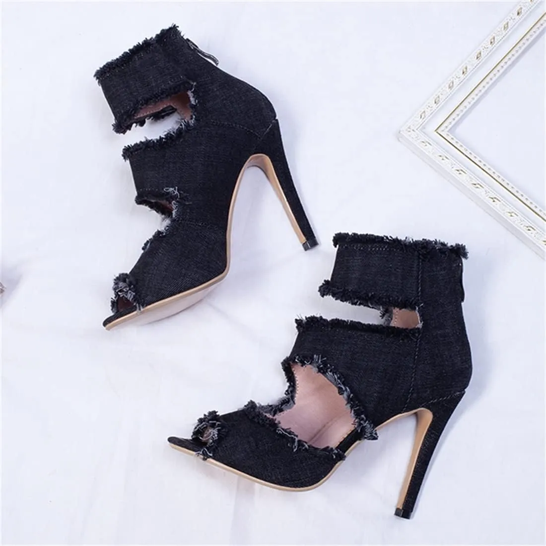 Betastella Women's Peep Toe Stiletto Denim Sandals Summer Booties Lace Up Thin Heels Back Zip Tassel Pumps