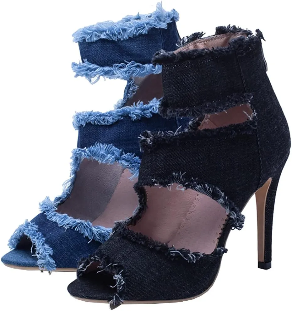 Betastella Women's Peep Toe Stiletto Denim Sandals Summer Booties Lace Up Thin Heels Back Zip Tassel Pumps