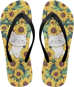 Binienty Cat Animal Print Thong Flip Flops Sandals Women Dressy Summer Flat Bathroom Cushion Slippers