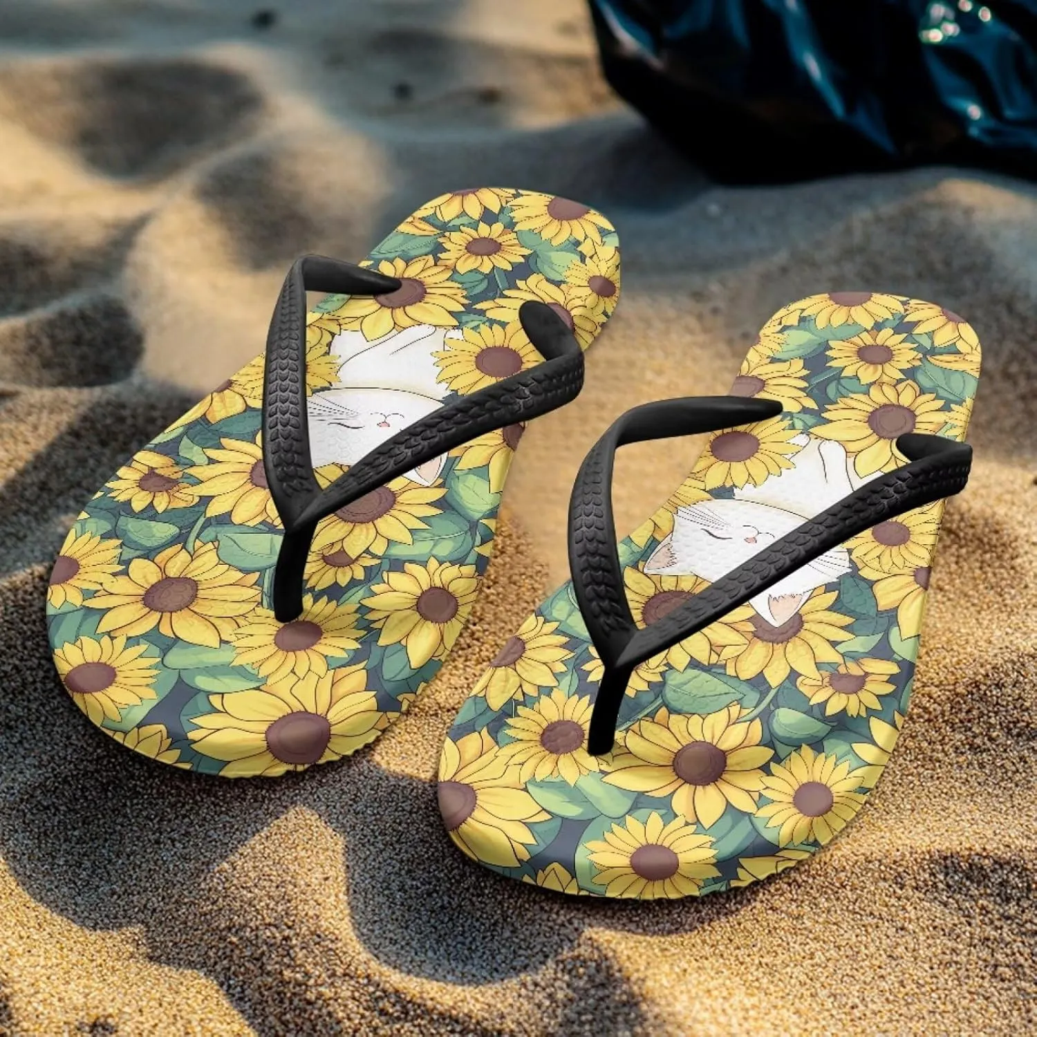 Binienty Cat Animal Print Thong Flip Flops Sandals Women Dressy Summer Flat Bathroom Cushion Slippers