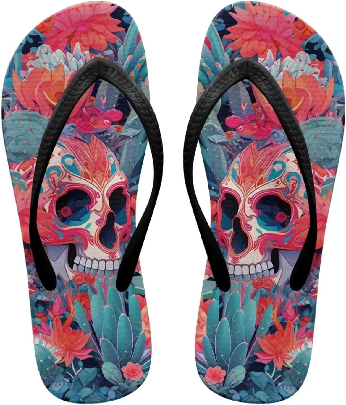 Binienty Women's Skull Pattern Flip Flops Flat Cushion Foam Thong Sandals Beach Dressy Non Slip Walking Slipper Shoe