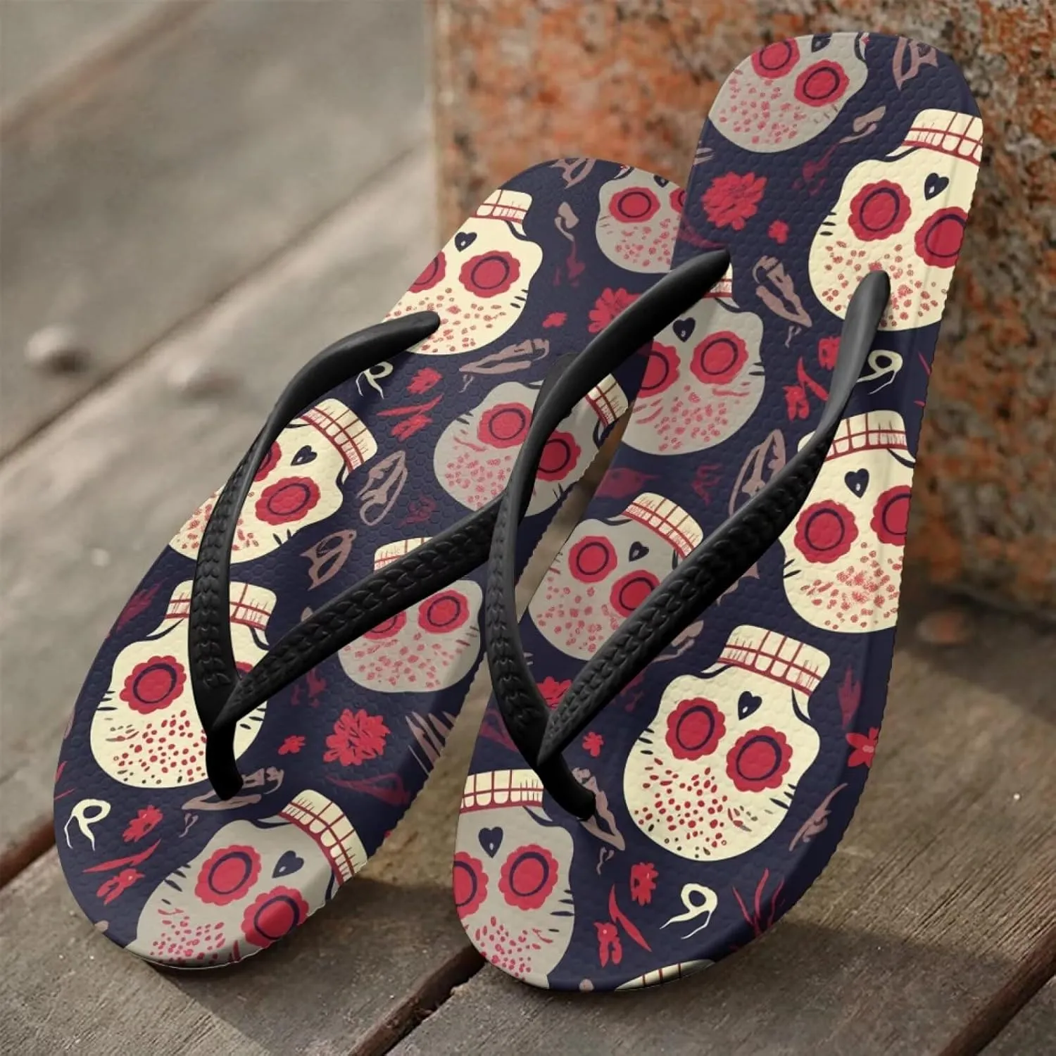 Binienty Women's Skull Pattern Flip Flops Flat Cushion Foam Thong Sandals Beach Dressy Non Slip Walking Slipper Shoe
