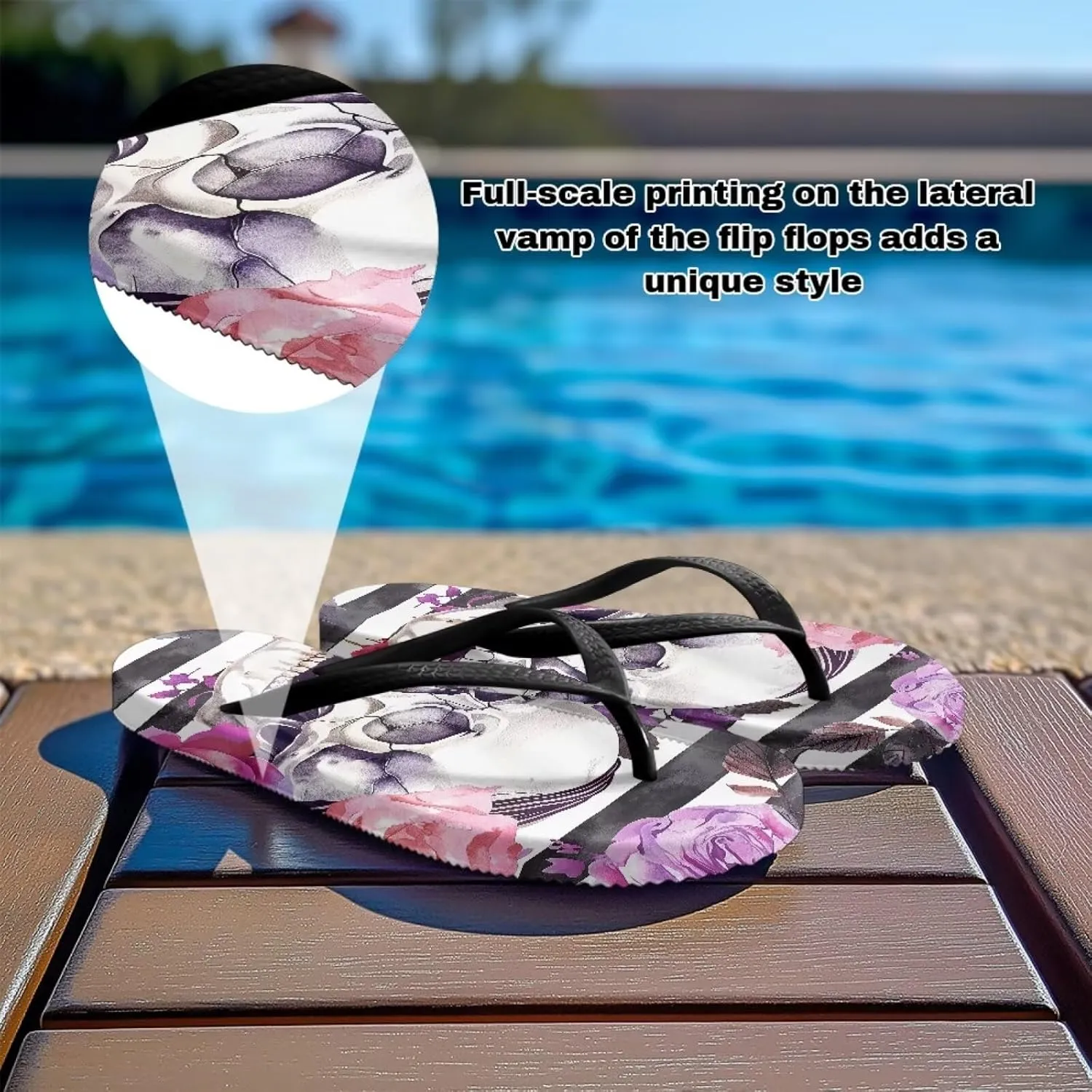 Binienty Women's Skull Pattern Flip Flops Flat Cushion Foam Thong Sandals Beach Dressy Non Slip Walking Slipper Shoe