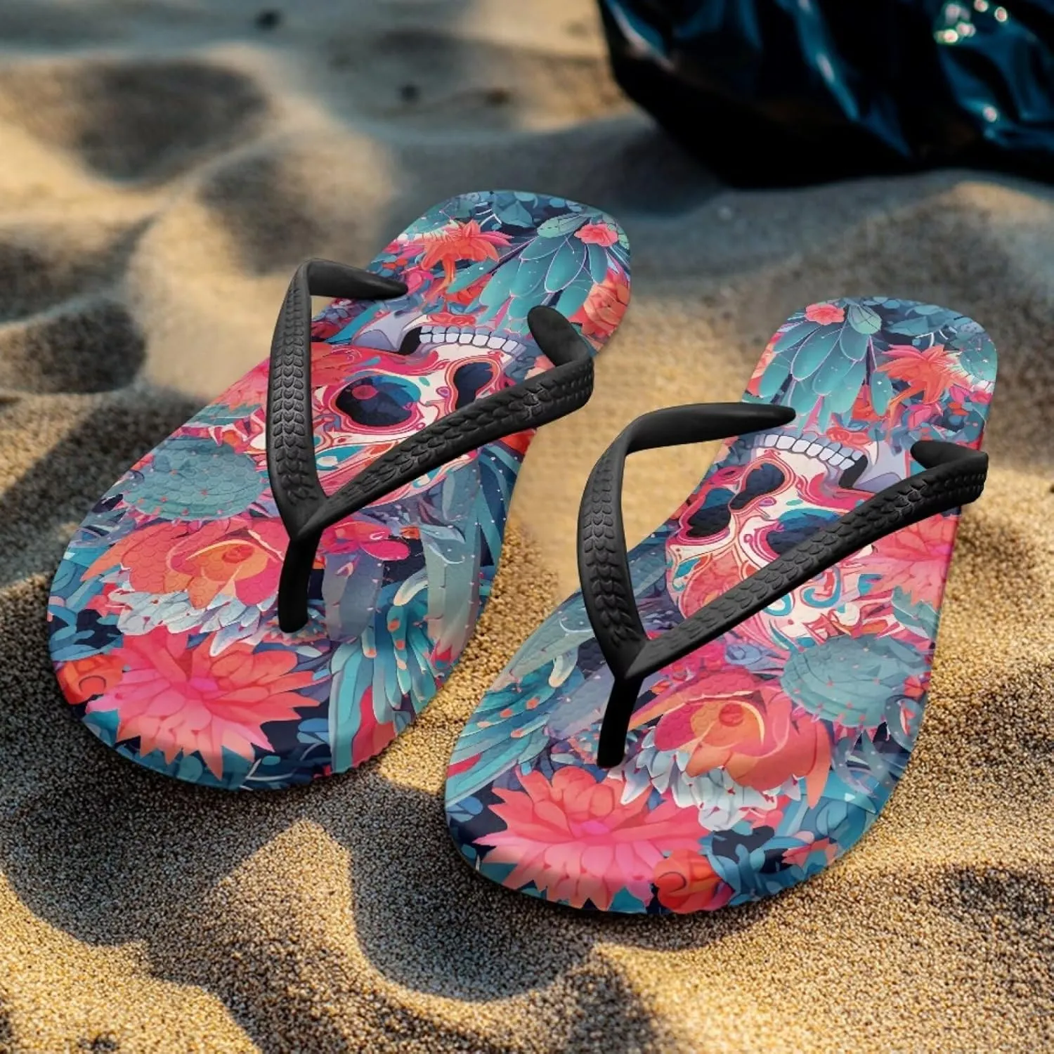 Binienty Women's Skull Pattern Flip Flops Flat Cushion Foam Thong Sandals Beach Dressy Non Slip Walking Slipper Shoe