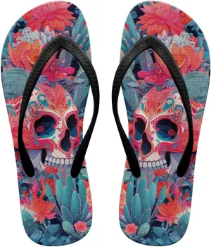 Binienty Women's Skull Pattern Flip Flops Flat Cushion Foam Thong Sandals Beach Dressy Non Slip Walking Slipper Shoe