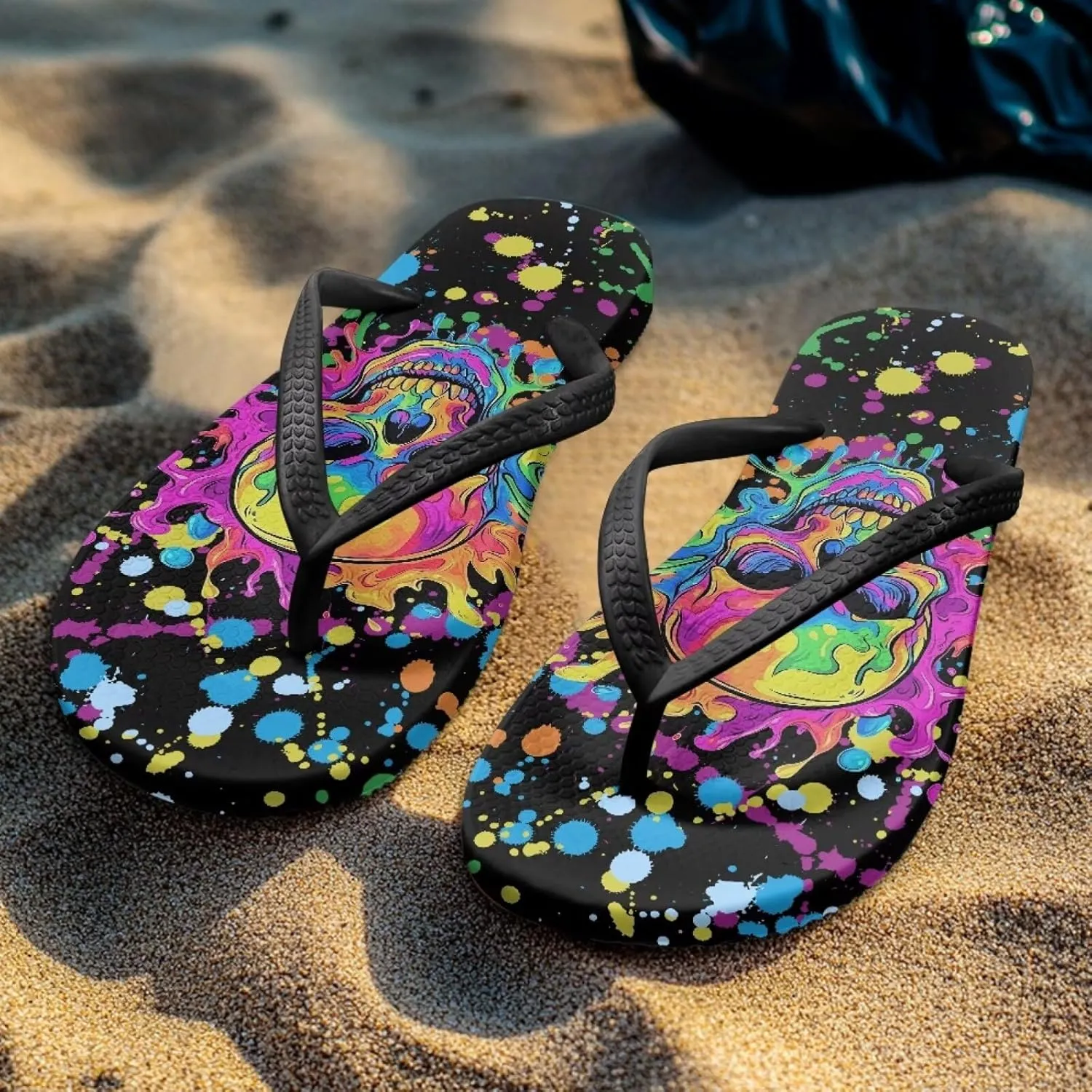 Binienty Women's Skull Pattern Flip Flops Flat Cushion Foam Thong Sandals Beach Dressy Non Slip Walking Slipper Shoe