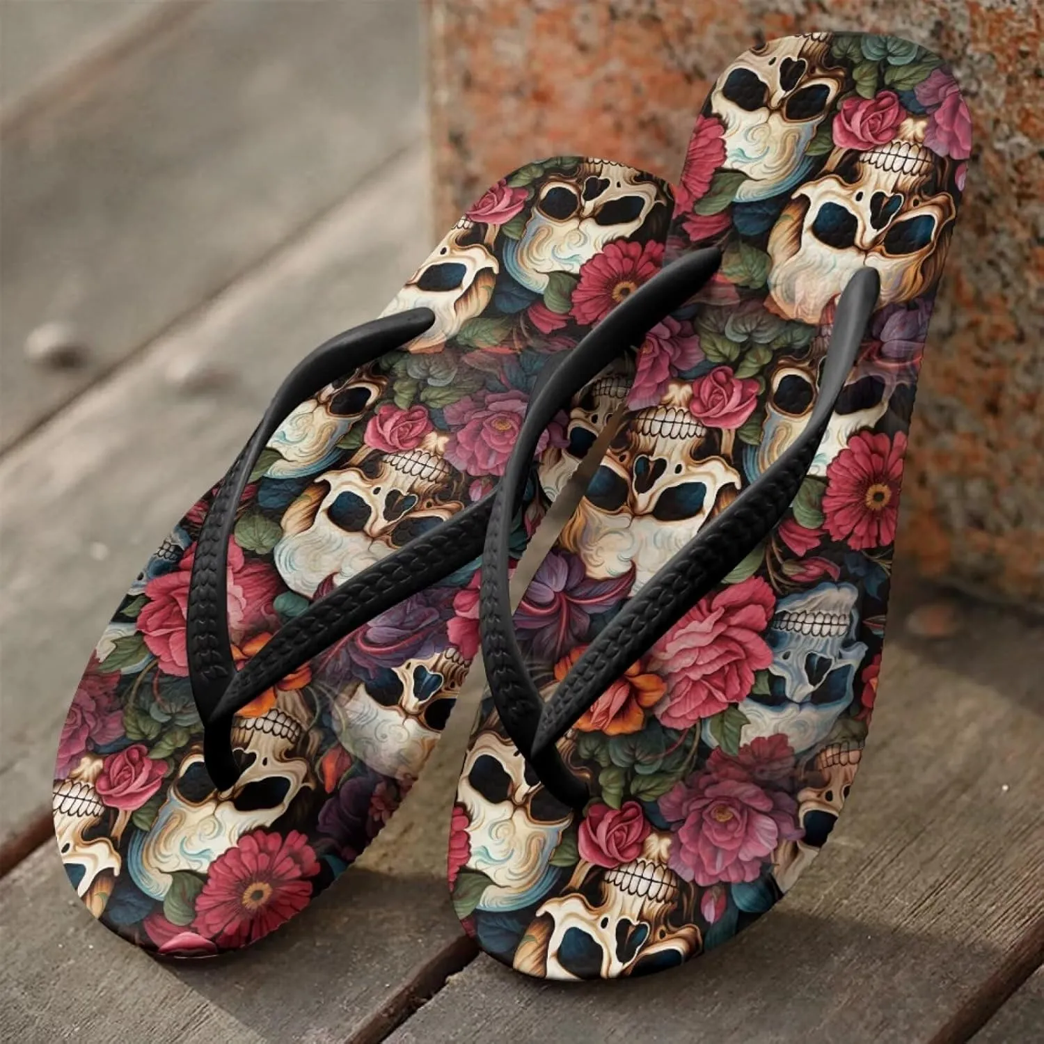 Binienty Women's Skull Pattern Flip Flops Flat Cushion Foam Thong Sandals Beach Dressy Non Slip Walking Slipper Shoe