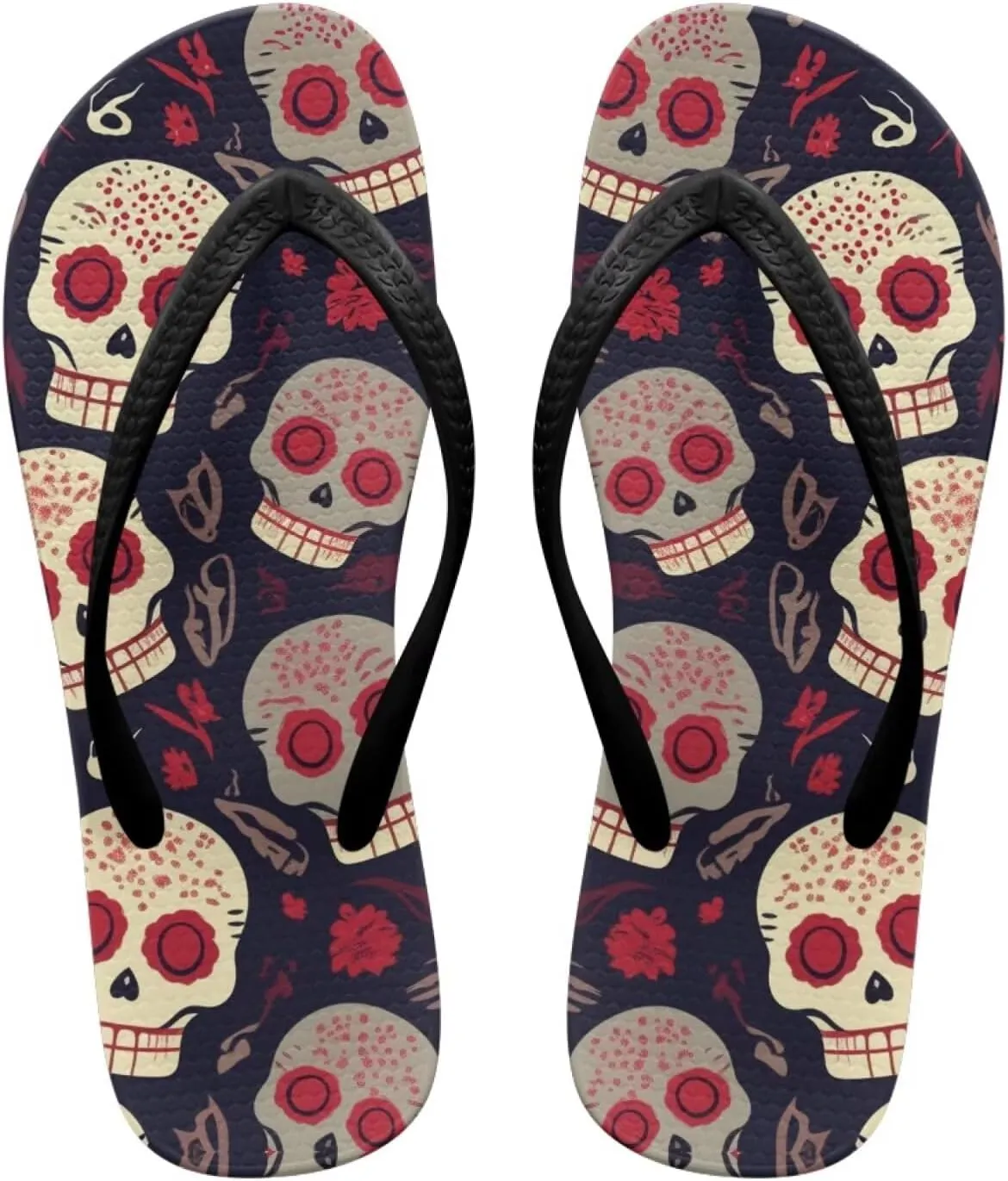 Binienty Women's Skull Pattern Flip Flops Flat Cushion Foam Thong Sandals Beach Dressy Non Slip Walking Slipper Shoe