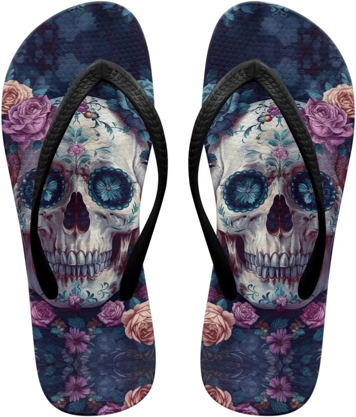 Binienty Women's Skull Pattern Flip Flops Flat Cushion Foam Thong Sandals Beach Dressy Non Slip Walking Slipper Shoe