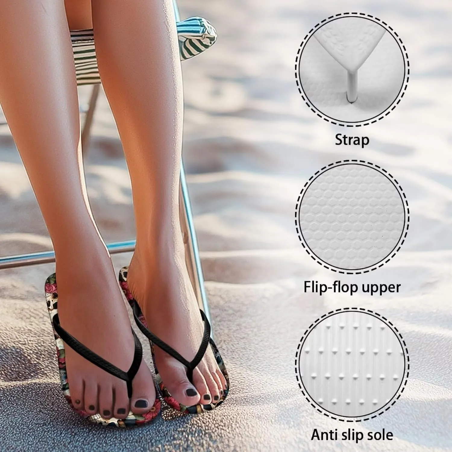 Binienty Women's Skull Pattern Flip Flops Flat Cushion Foam Thong Sandals Beach Dressy Non Slip Walking Slipper Shoe