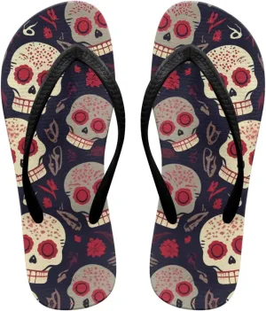 Binienty Women's Skull Pattern Flip Flops Flat Cushion Foam Thong Sandals Beach Dressy Non Slip Walking Slipper Shoe