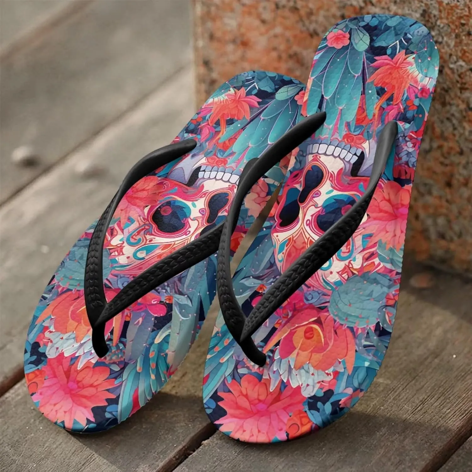 Binienty Women's Skull Pattern Flip Flops Flat Cushion Foam Thong Sandals Beach Dressy Non Slip Walking Slipper Shoe