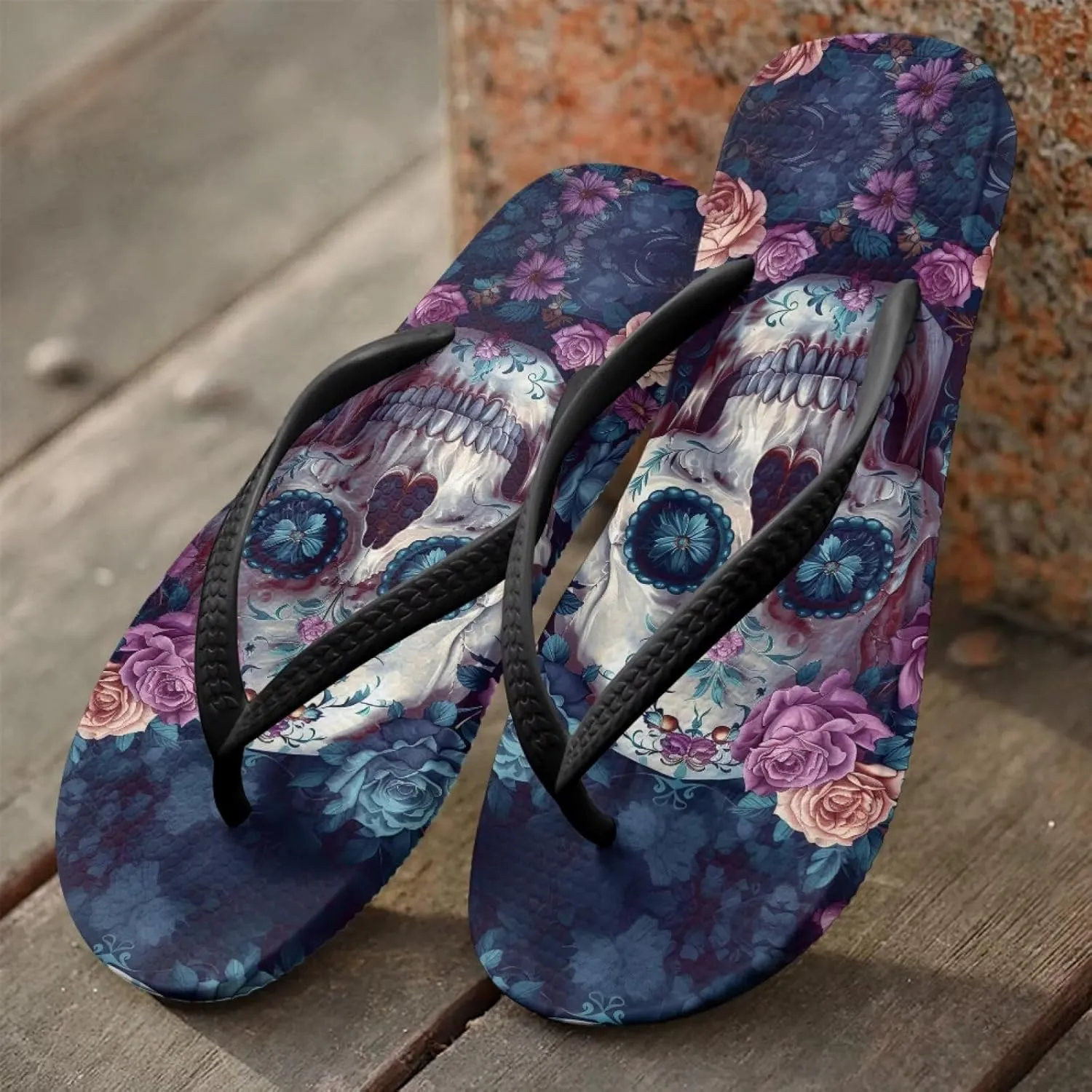 Binienty Women's Skull Pattern Flip Flops Flat Cushion Foam Thong Sandals Beach Dressy Non Slip Walking Slipper Shoe