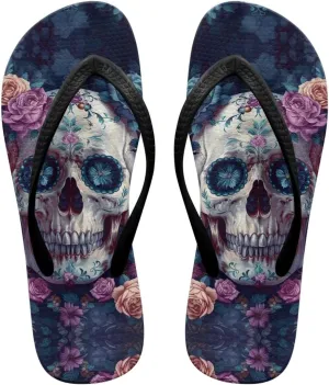 Binienty Women's Skull Pattern Flip Flops Flat Cushion Foam Thong Sandals Beach Dressy Non Slip Walking Slipper Shoe