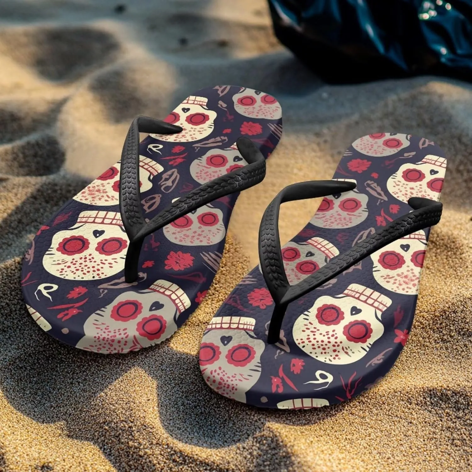 Binienty Women's Skull Pattern Flip Flops Flat Cushion Foam Thong Sandals Beach Dressy Non Slip Walking Slipper Shoe