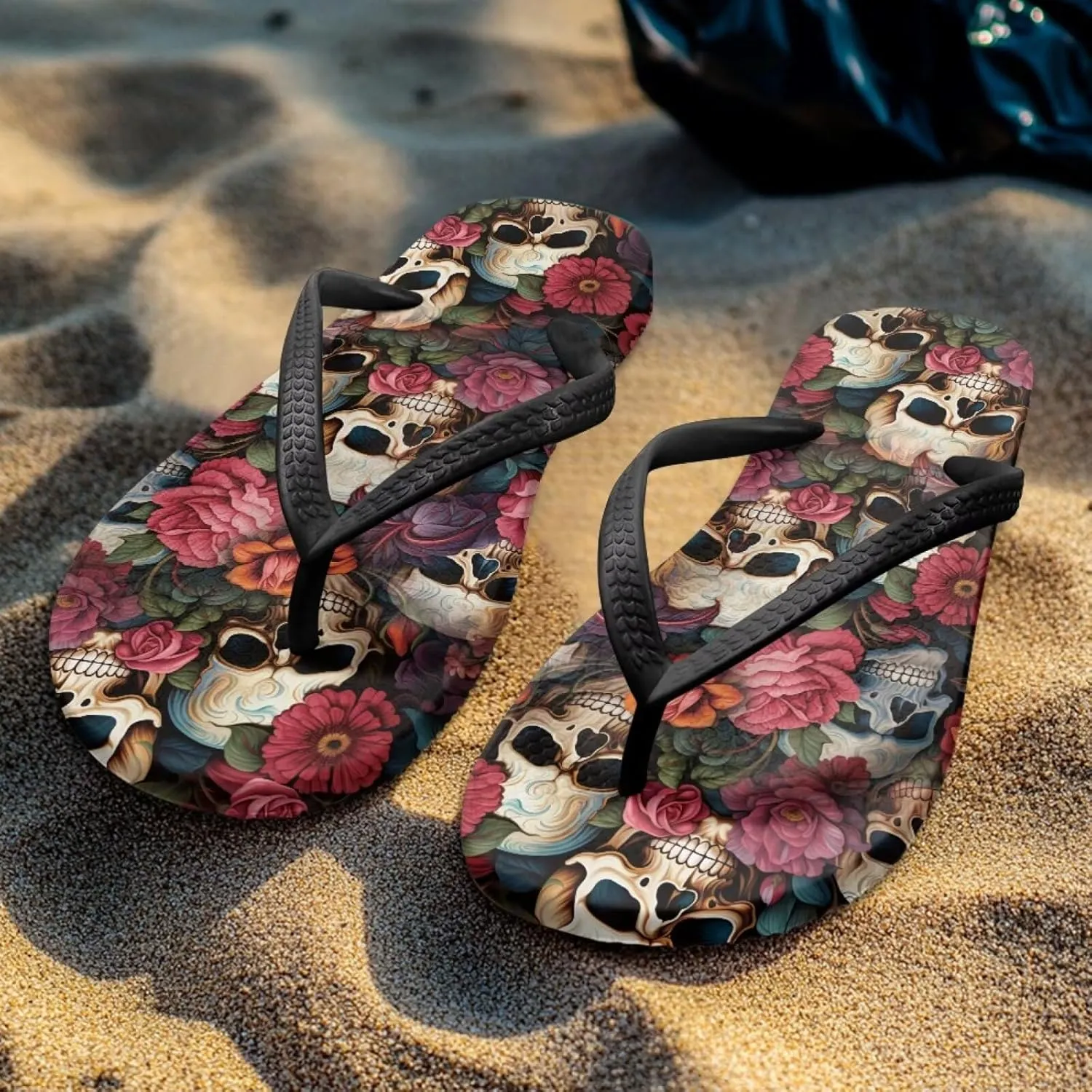 Binienty Women's Skull Pattern Flip Flops Flat Cushion Foam Thong Sandals Beach Dressy Non Slip Walking Slipper Shoe