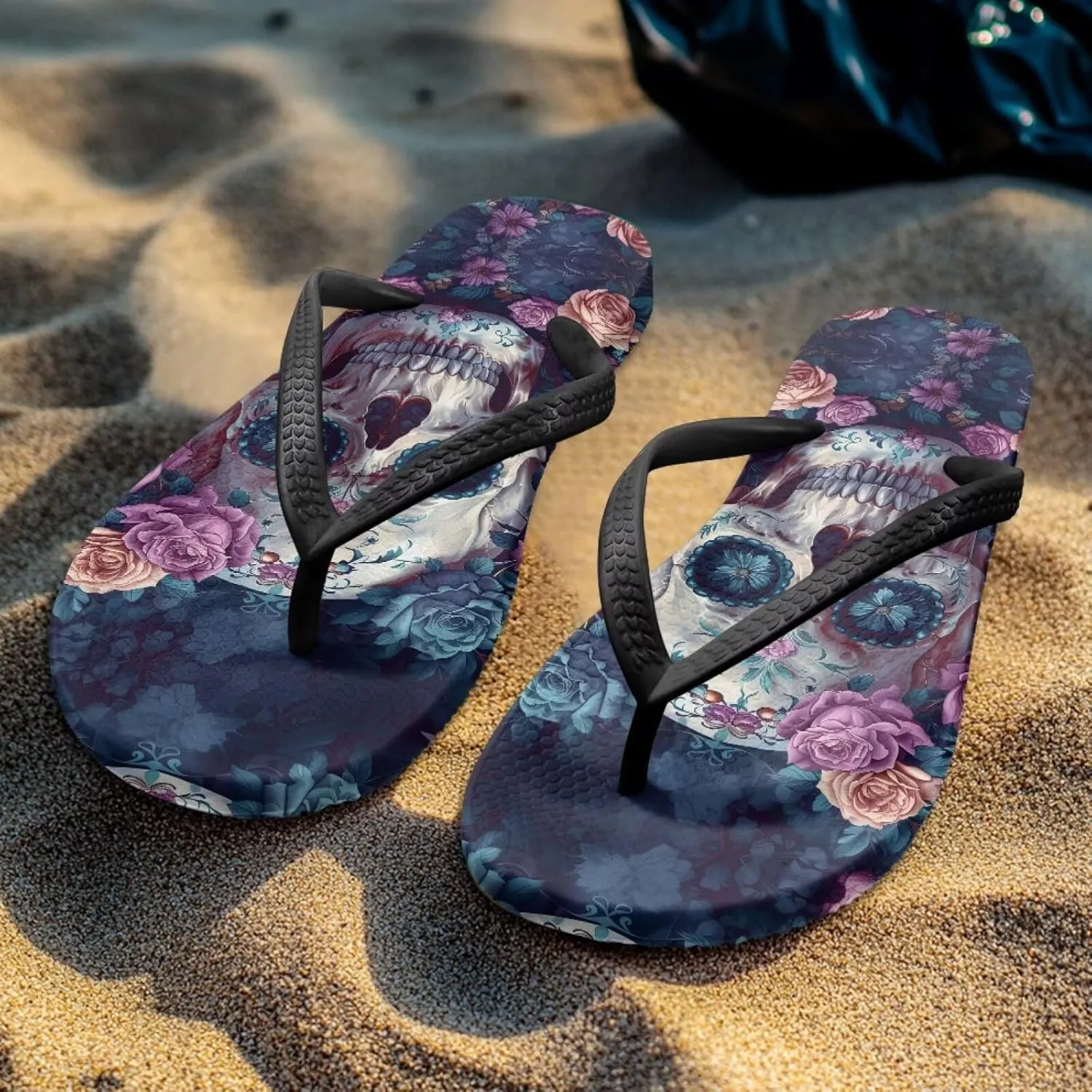 Binienty Women's Skull Pattern Flip Flops Flat Cushion Foam Thong Sandals Beach Dressy Non Slip Walking Slipper Shoe