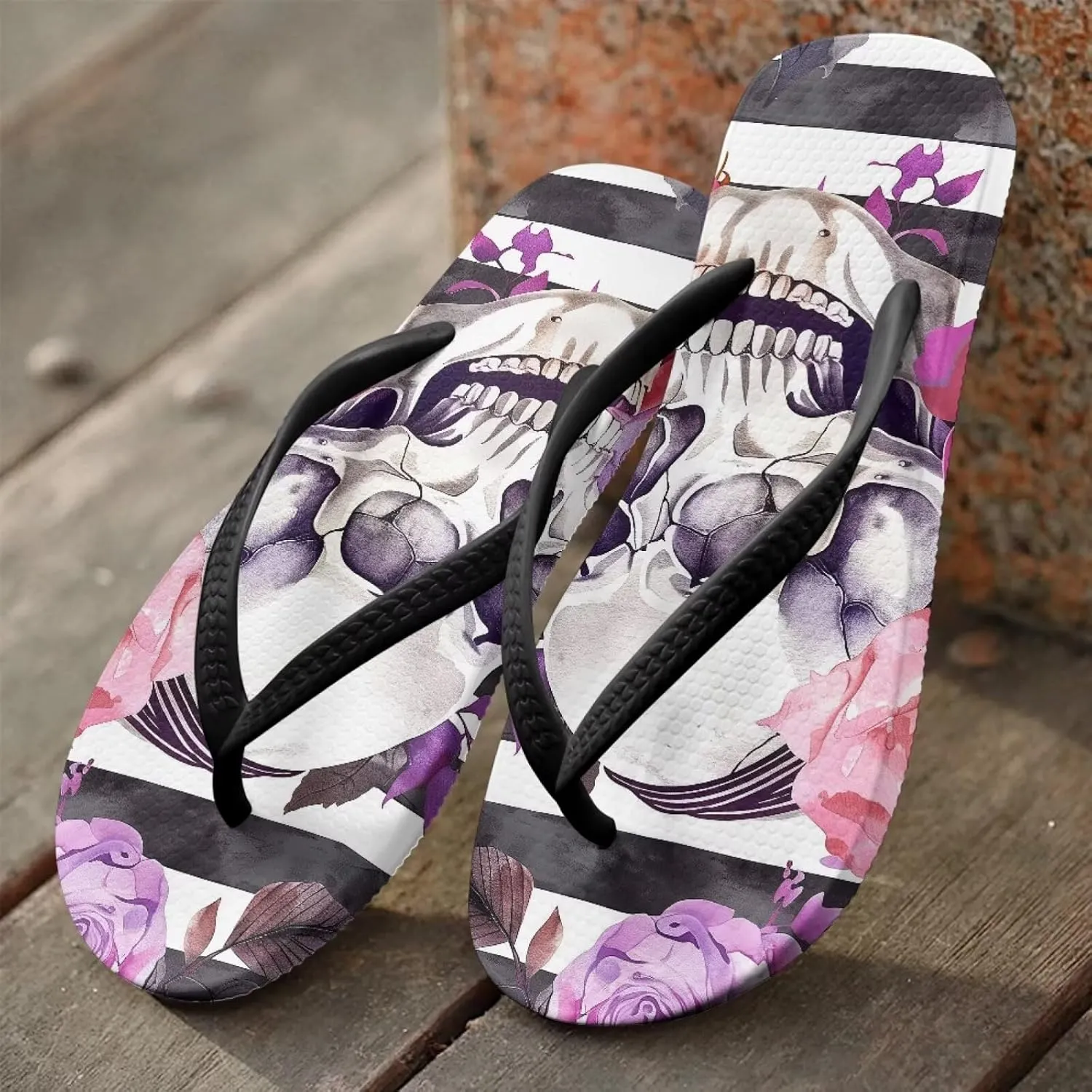 Binienty Women's Skull Pattern Flip Flops Flat Cushion Foam Thong Sandals Beach Dressy Non Slip Walking Slipper Shoe