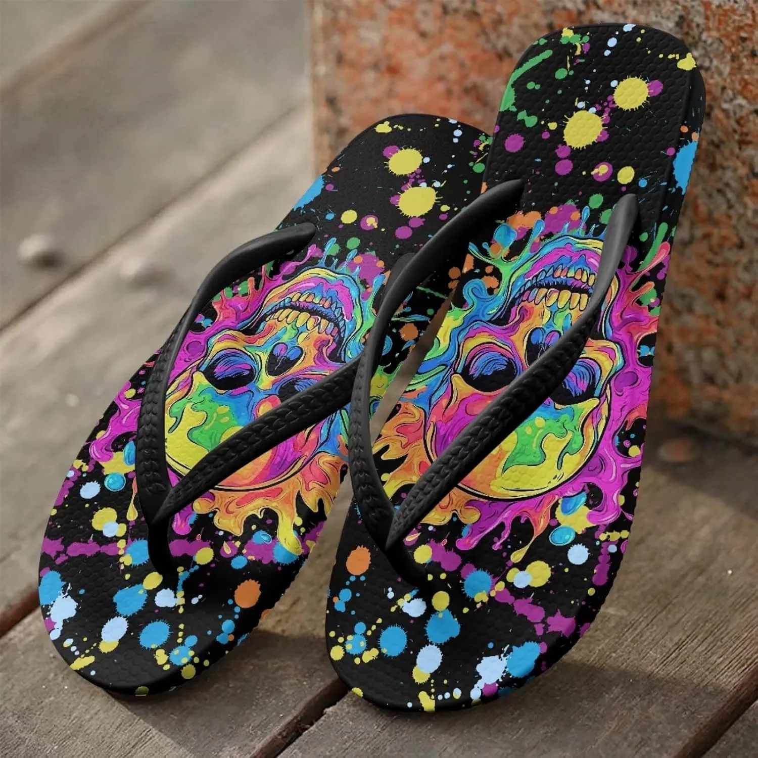 Binienty Women's Skull Pattern Flip Flops Flat Cushion Foam Thong Sandals Beach Dressy Non Slip Walking Slipper Shoe