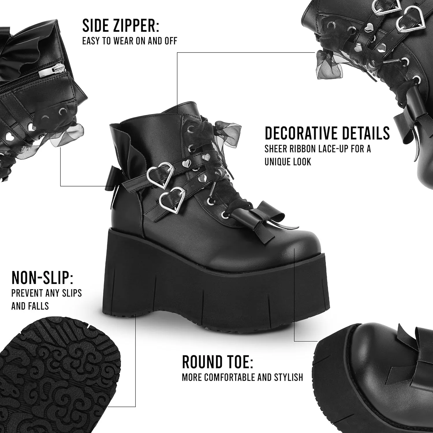 Black Platform Ankle Boots for Women Goth Rave Shoes Punk Rivet Lace Up Zipper Round Toe Wedge Chunky High Heels Buckle Booties