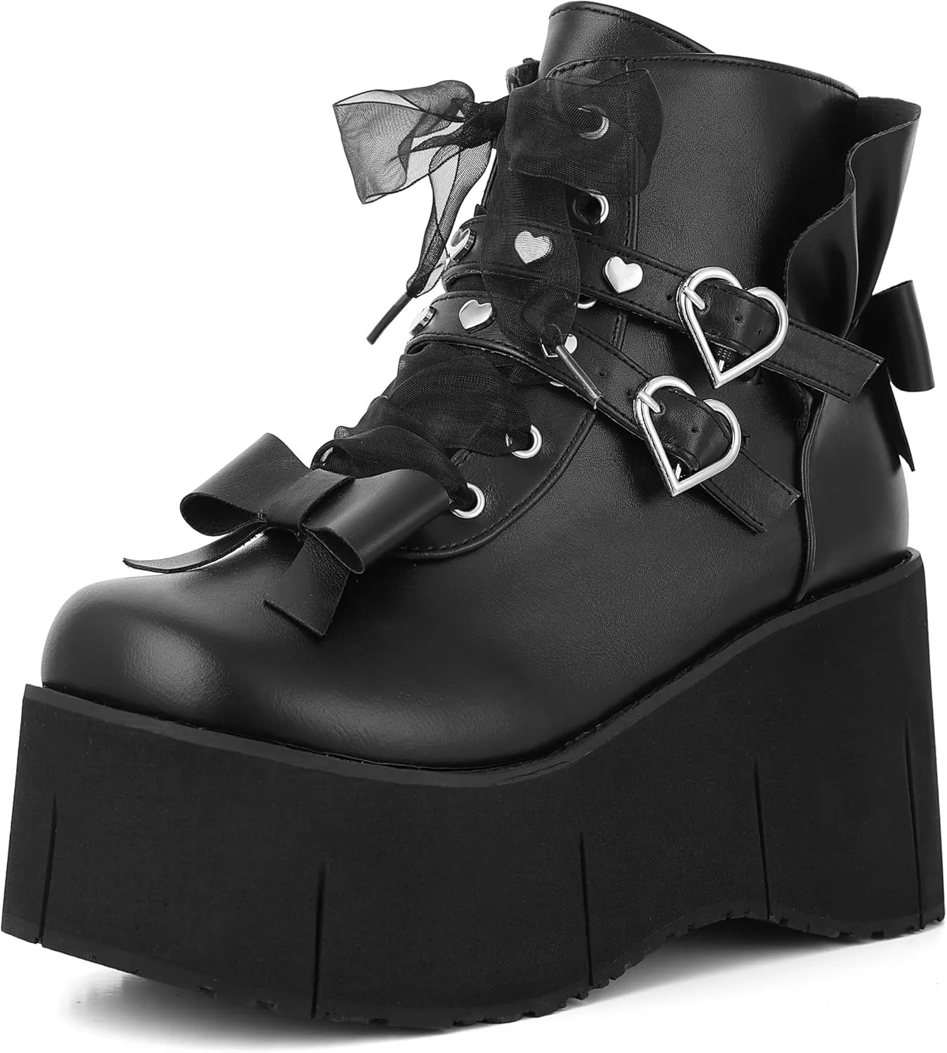 Black Platform Ankle Boots for Women Goth Rave Shoes Punk Rivet Lace Up Zipper Round Toe Wedge Chunky High Heels Buckle Booties