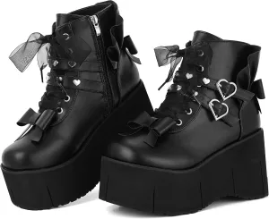Black Platform Ankle Boots for Women Goth Rave Shoes Punk Rivet Lace Up Zipper Round Toe Wedge Chunky High Heels Buckle Booties
