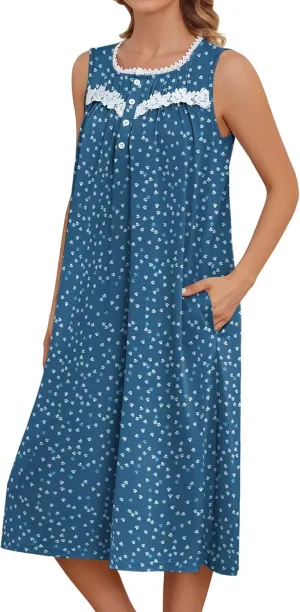 Bloggerlove Nightgowns for Women with Pockets Button Down Sleeveless House Dress Pleated Long Moomoo Nightgown Sleepwear