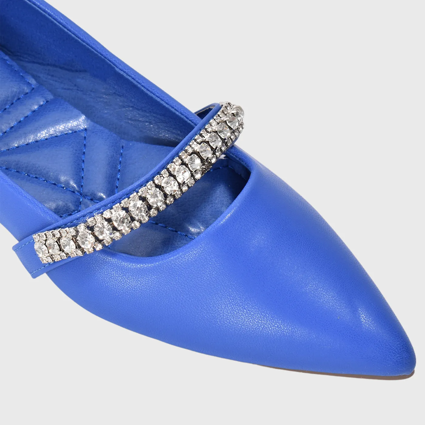 Blue Leather Flat  Shoe With Shiny Buckle