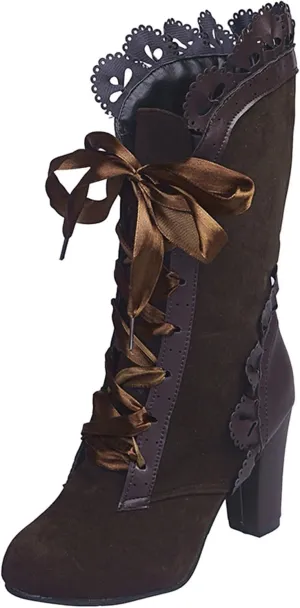 Boots for Women Retro Kitten Heel Victorian Mid Calf Shoes Lace Up Side Zipper Mid Heel Vintage Comfort Dressy Booties