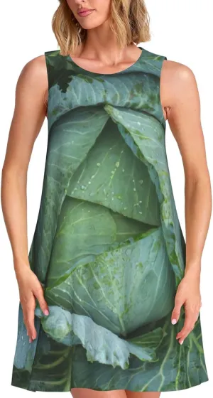 Bright Cabbage Print Practical Women Sleeveless Dressround Neck Casual Summer Dresses for Everyday Wear