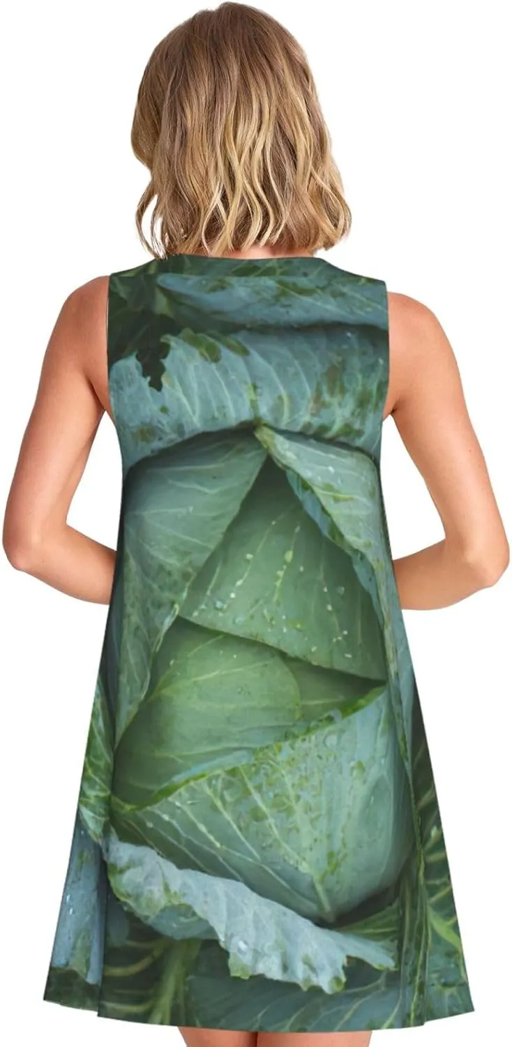 Bright Cabbage Print Practical Women Sleeveless Dressround Neck Casual Summer Dresses for Everyday Wear