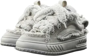 Canvas Fuzzy Stylish Fluffy Lace Up Sneakers for Women and Teens Soft Plush Streetwear Shoes with Cozy Texture Cute Aesthetic Footwear for Fall Winter Outfits