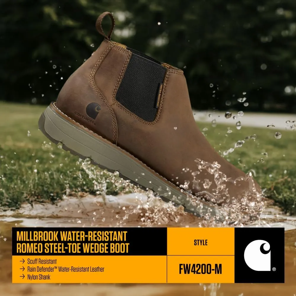 Carhartt Millbrook 4" Romeo Steel Toe Wedge Work Boot - Work Boots for Men on the Move, Brown Oil Tanned Leather, Slip & Electrical Hazard Resistant, FastDry, and Rain Defender