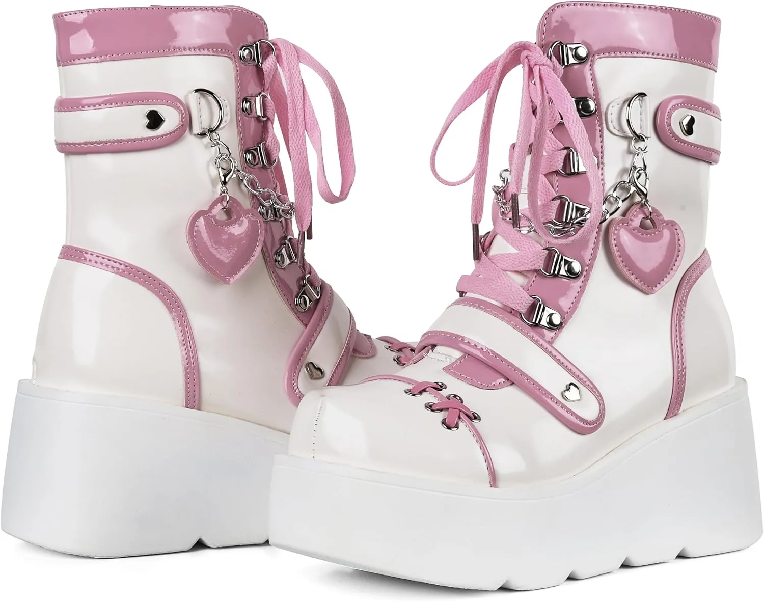 CELNEPHO Platform Ankle Boots for Women Wedge High Heel Booties Goth Round Toe Combat Boots Women Cute Heart Lace Up Rave Boots Outdoor Dress Boots with Chain
