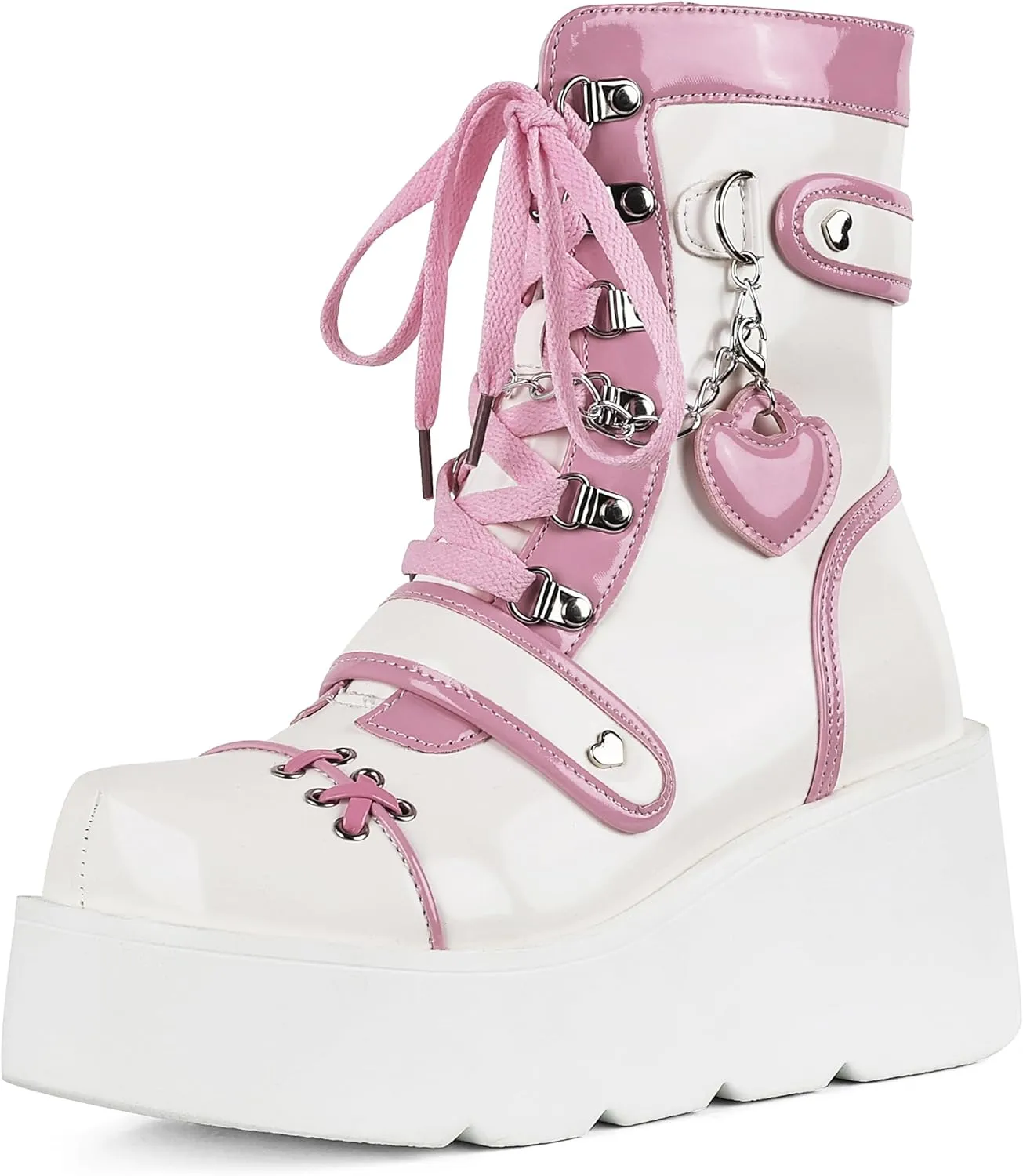 CELNEPHO Platform Ankle Boots for Women Wedge High Heel Booties Goth Round Toe Combat Boots Women Cute Heart Lace Up Rave Boots Outdoor Dress Boots with Chain