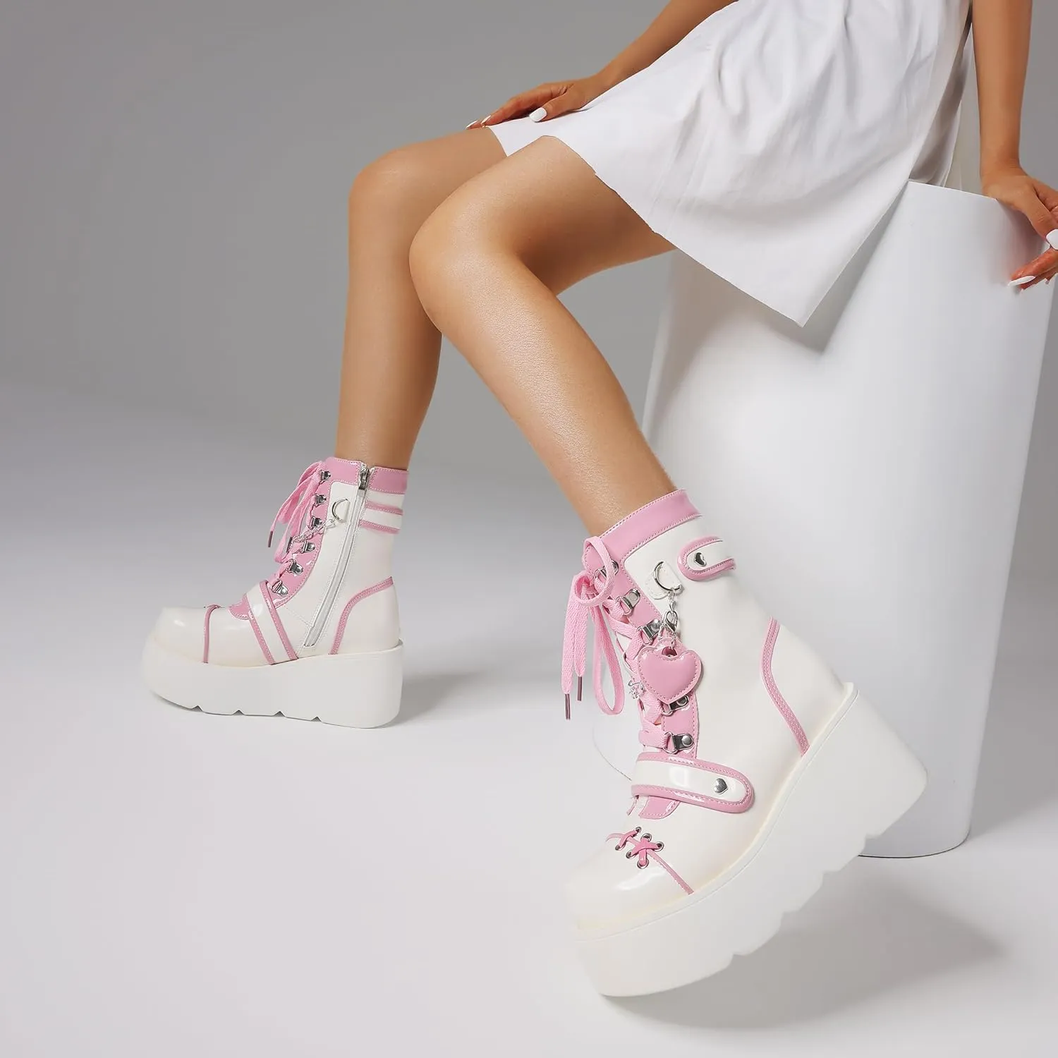 CELNEPHO Platform Ankle Boots for Women Wedge High Heel Booties Goth Round Toe Combat Boots Women Cute Heart Lace Up Rave Boots Outdoor Dress Boots with Chain