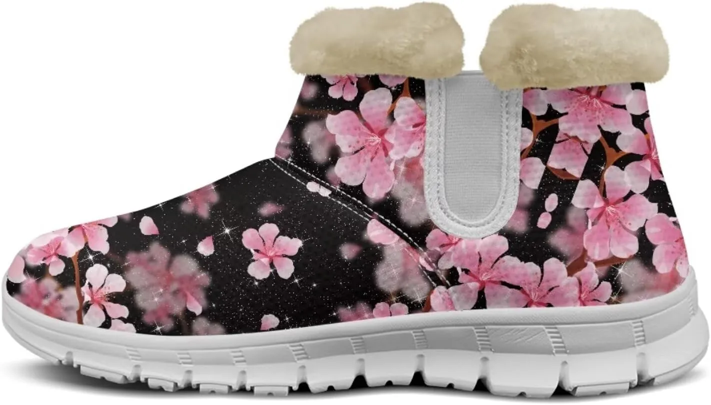 chaqlin Cherry Blossom Snow Boots Winter Ankle Boots for Women Flat Heels Resistant Slip Lightweight Flannel Plush Boots Casual Outdoor Backpacking