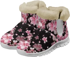 chaqlin Cherry Blossom Snow Boots Winter Ankle Boots for Women Flat Heels Resistant Slip Lightweight Flannel Plush Boots Casual Outdoor Backpacking