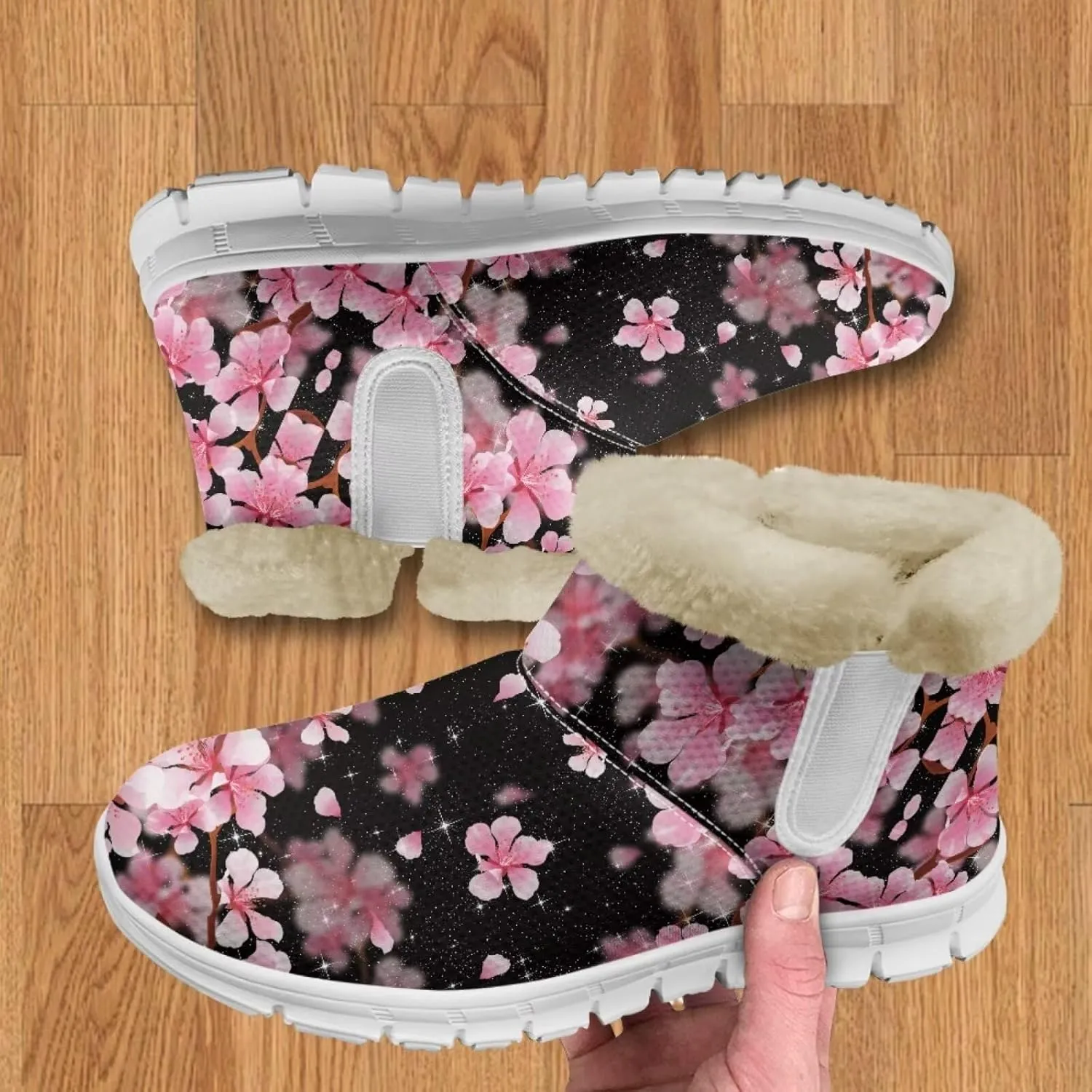 chaqlin Cherry Blossom Snow Boots Winter Ankle Boots for Women Flat Heels Resistant Slip Lightweight Flannel Plush Boots Casual Outdoor Backpacking