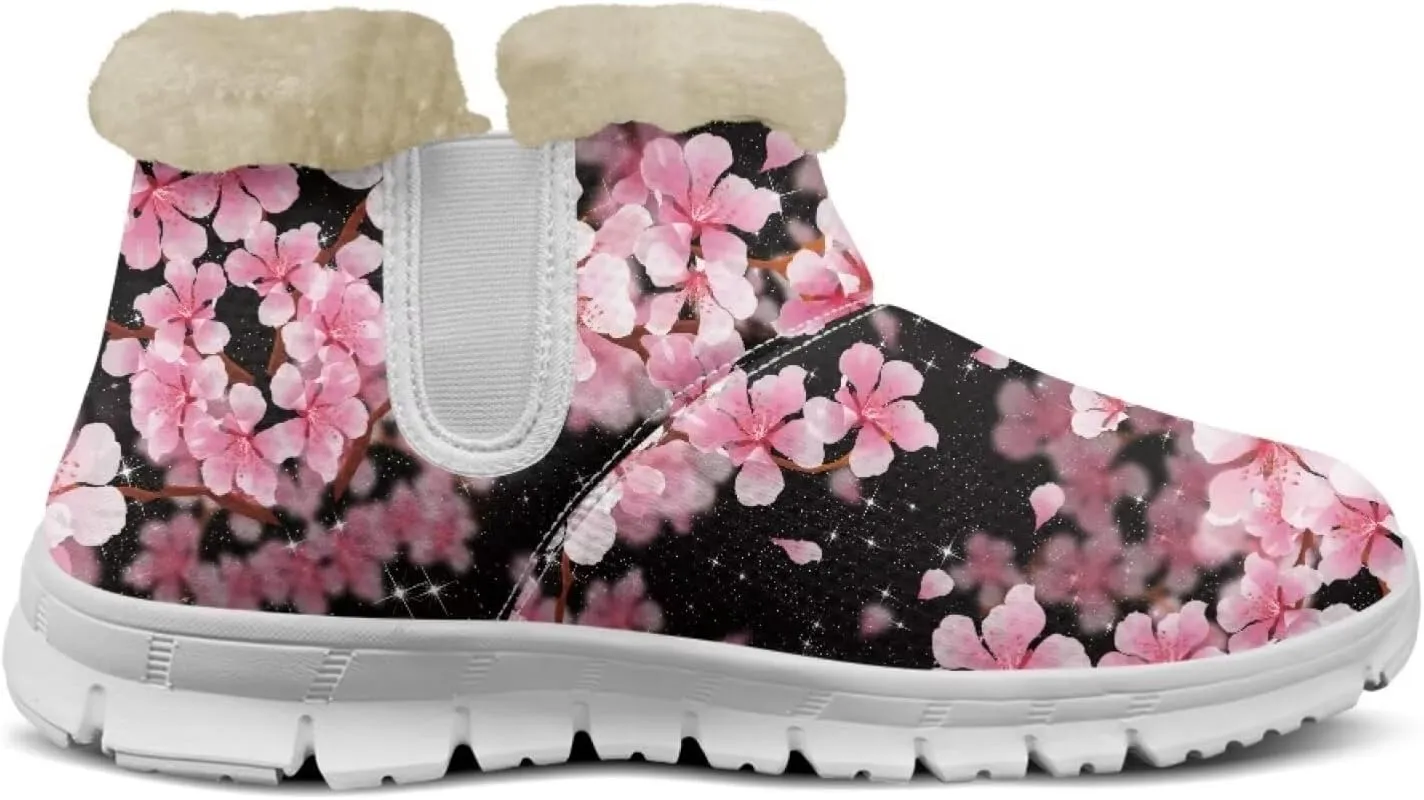 chaqlin Cherry Blossom Snow Boots Winter Ankle Boots for Women Flat Heels Resistant Slip Lightweight Flannel Plush Boots Casual Outdoor Backpacking